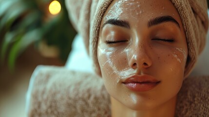 Woman Enjoying Spa Facial with Glowing Ambiance. Serene spa moment with a woman enjoying a facial treatment, surrounded by a glowing ambiance and a peaceful, rejuvenating atmosphere.