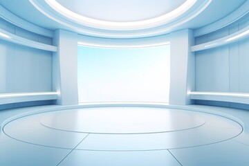 Circular room with window, blue light and futuristic interior design.