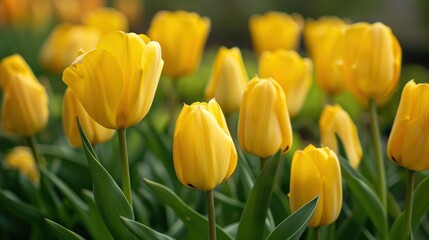 Obraz premium Vibrant Yellow Tulips in a Spring Garden