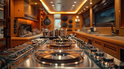 Luxurious Yacht Galley with Modern Appliances. State-of-the-art yacht galley featuring modern kitchen appliances, warm lighting, and a sleek, polished design, ideal for luxury living.