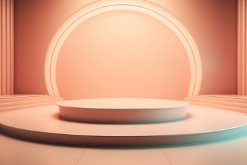 Minimalist pink and peach round podium with archway.