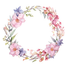 Soft Watercolor Floral Wreath with Spring Blooms on Isolated Background