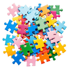 Colorful jigsaw puzzle pieces scattered on a white background. Ideal for themes of problem-solving, creativity, and leisure activities.