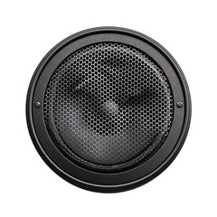 Close-up of a black circular speaker with a honeycomb grill pattern, isolated on a white background. Perfect for audio, music, and technology themes.
