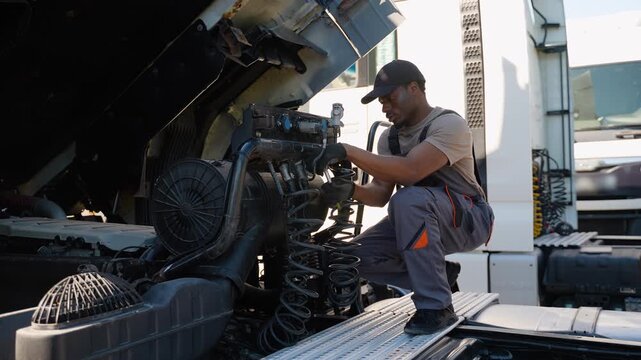 African American Semi Truck Professional Mechanic Servicing Modern Truck Vehicle
