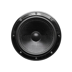 High-quality close-up image of a black speaker from the front, showcasing its detailed design and craftsmanship.