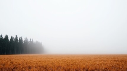 Obraz premium A serene landscape featuring a foggy field with golden grasses and a backdrop of dark green trees, evoking calm and tranquility.