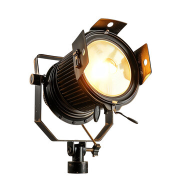 Studio spotlight with warm glow isolated on white background. Professional lighting equipment for photo and video production.