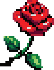 Pixelated Red Rose: A nostalgic 8-bit style illustration of a classic red rose, perfect for retro-inspired designs, gaming, and romantic projects.  