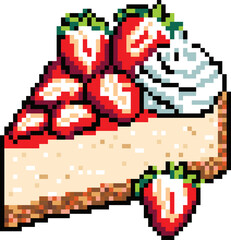 Pixelated Strawberry Cheesecake Delight: A digital masterpiece depicting a slice of strawberry cheesecake, rendered in pixelated form, showcasing the vibrant red of the strawberries and the creamy whi
