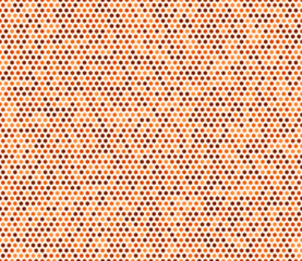 Pattern of geometric shapes. Rounded hexagons mosaic cells with padding and inner solid cells. Orange color tones. Small hexagon geometric shapes. Seamless pattern. Tileable vector illustration.