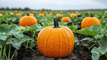 A vibrant pumpkin sits in a lush field, surrounded by green leaves under a cloudy sky, symbolizing autumn harvest.