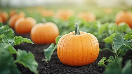 Obraz premium A vibrant pumpkin growing in a lush field, surrounded by green leaves, perfect for autumn themes and harvest celebrations.