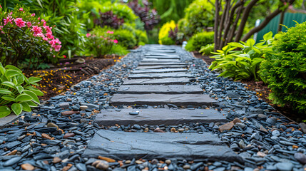 Stone block walkway on gravel stone pavement