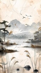 traditional grass stream mountain landscape illustration abstract background decorative painting