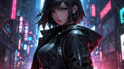Cool and Serious Anime Girl in Cyberpunk Jacket: Futuristic and Edgy Character Design