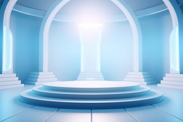 Circular platform with light in a futuristic room.