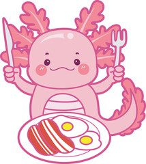 Illustration of cute axolotl activities icon.
Funny pink axolotl in daily routine stickers.
