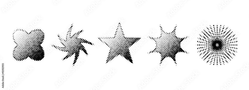 Poster halftone grain stars set. dotted grunge star shape collection. y2k bitmap gradient elements bundle. 
