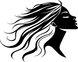 A woman with long black hair is shown in a black and white drawing