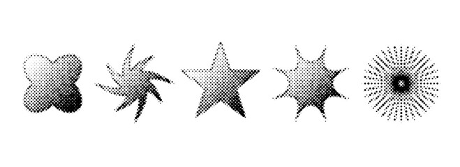 Halftone grain stars set. Dotted grunge star shape collection. Y2K bitmap gradient elements bundle. Pixel comic burst and sparkle elements for graphic design, poster, banner. Vector pack