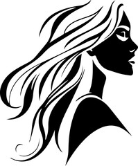 A woman with long black hair is shown in a black and white drawing