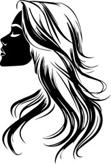 A woman with long black hair is shown in a black and white drawing