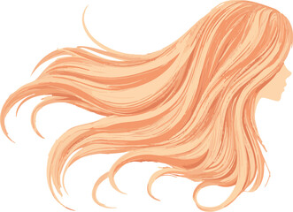 A woman's hair is shown in a stylized way, with a focus on the long, wavy locks
