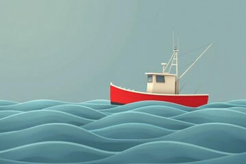 Naklejka premium Red fishing boat floating in ocean with waves in background, serene travel scene of maritime adventure and relaxation
