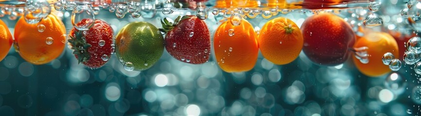 Colorful fruits floating in water with bubbles.