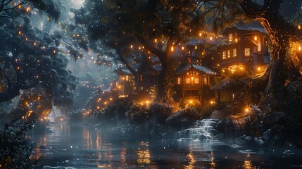 Fototapeta premium A summer night with flickering fireflies, their glow turning the landscape into a fairy-tale realm.