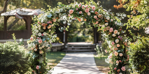 Fototapeta premium Wedding arch with cascading floral garlands and hanging lanterns 