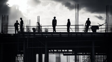 Monochrome scene depicting life of workers on a construction industry site