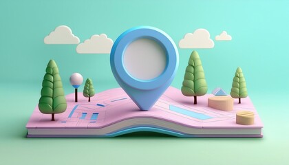 Colorful 3D map design featuring a location pin, trees, and playful elements, ideal for travel and navigation themes.