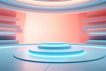 Abstract blue and pink futuristic background with a white podium.