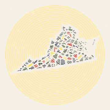 Virginia Round Poster. Typography style image of State. Counties word clouds of Virginia. Vintage image design with scratch texture.