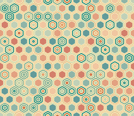 Abstract pattern of hexagon shapes. Geometric elements of varied style and color. Hexagon cells. Tileable pattern. Seamless background. Artistic vector illustration.