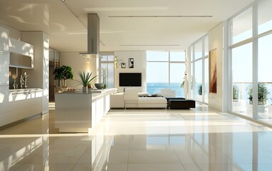 interior modern house, white kitchen and living room, nobody inside
