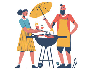 cartoon man and woman cooking on a grill, illustrated in fun corporate Memphis style. solid coloring,