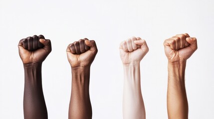 Multiracial clenched fists raised in the air could signify approval or defiance. Isolated against a white background