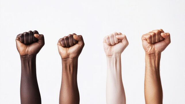  Multiracial clenched fists raised in the air could signify approval or defiance. Isolated against a white background