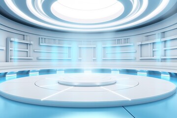 Futuristic white platform with blue neon lights.