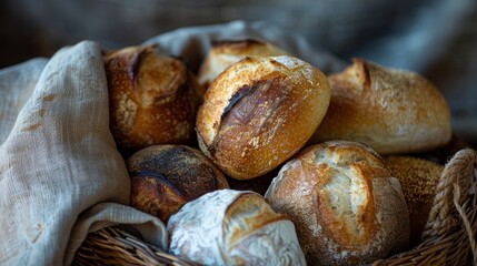 Fototapeta premium A variety of artisan bread rolls arranged in a rustic basket each one with a unique shape size and texture. The crusts range from crispy and golden to slightly chewy and dark providing