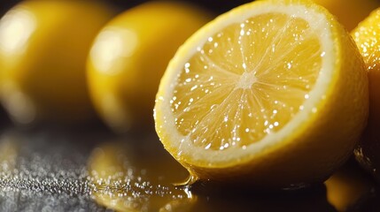 Fresh Juicy Lemon Cut in Half with Whole Lemons in the Background on a Wet Surface