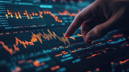 Naklejka premium Close-up of a hand pointing at a candlestick chart displayed on a digital screen, showcasing a global stock market growth graph and a world map in the background