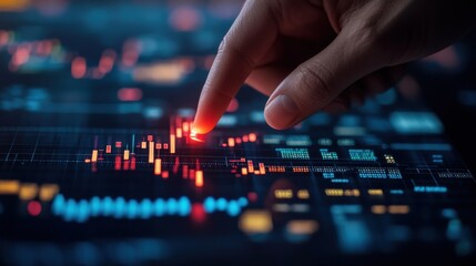 Close-up of a hand pointing at a candlestick chart displayed on a digital screen, showcasing a global stock market growth graph and a world map in the background