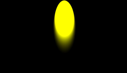 a circle of yellow light in the center of the upper side rising against a dark background. Abstract sunburst, digital flare, iridescent glaze over black background.
