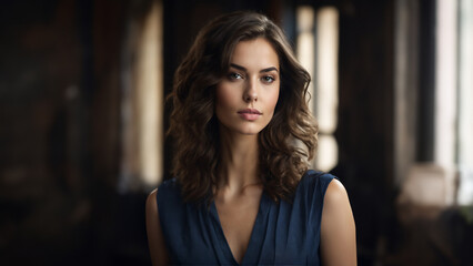 Captivating portrait of a 20-year-old American white brunette woman with neat hair and healthy skin, looking confidently at the camera. The young model showcases natural beauty with minimal makeup