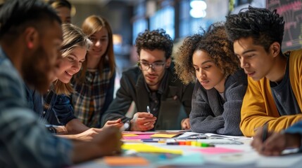Diverse group of young people collaborating on a project, brainstorming and discussing ideas.