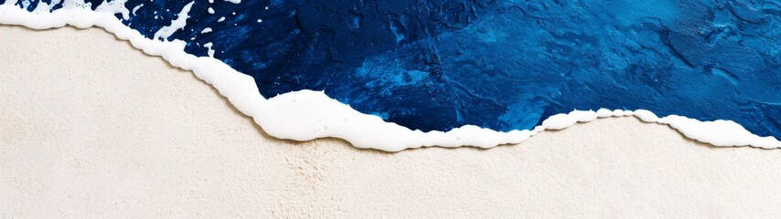 Aerial view of a vibrant summer beach with turquoise ocean waters, clear blue sky above, simple sandy shoreline, and expansive open space creating a serene atmosphere.